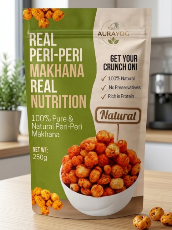 Spicy peri peri makhana in a bowl, crispy roasted fox nuts snack